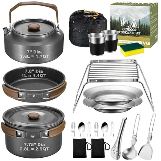 18Pcs Camping Cookware Mess Kit, 7.8" Nonstick Camp Cooking Utensil Set Pot, Pan, Kettle, Grill Grate,Outdoor Backpacking Gear