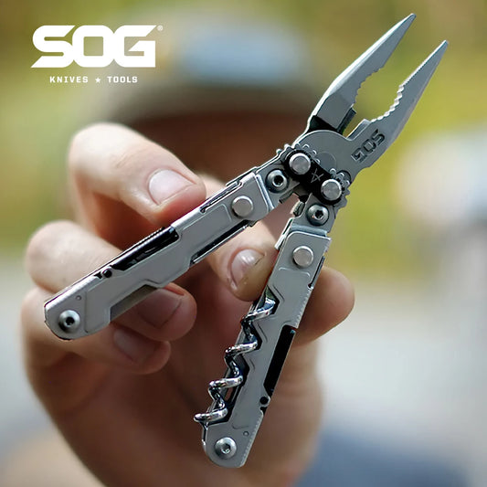 SOG 19 in 1 PowerLitre Mini Multi-tool Pliers 5 Inch Stainless Steel Folding EDC Pocket Knife With Wine Corkscrew Screwdriver Wire Cutter Scissors Can Bottle Opener For Camping Car Travel Survival Daily Carry, Portable Outdoo