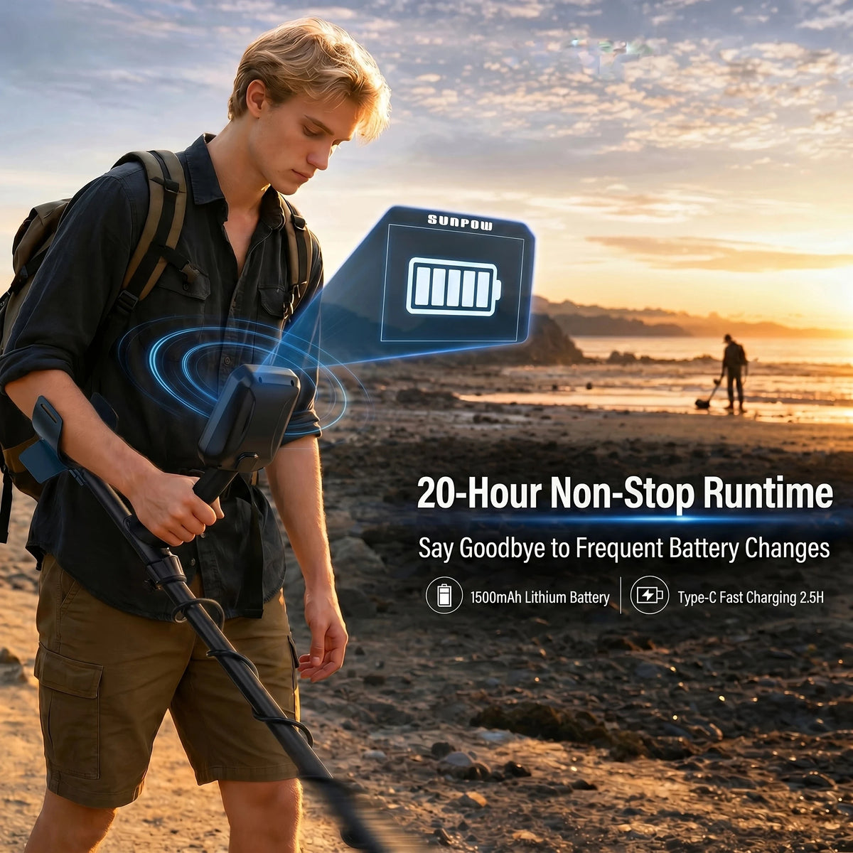 SUNPOW Metal Professional Detector for Adults, 8" IP68 Waterproof Search Coil, Rechargeable 4 Detection Modes 20H Runtime, High Accuracy Lightweight LCD with Pinpoint & Notch, Gold Detector for Beach Outdoor Treasure Hunting