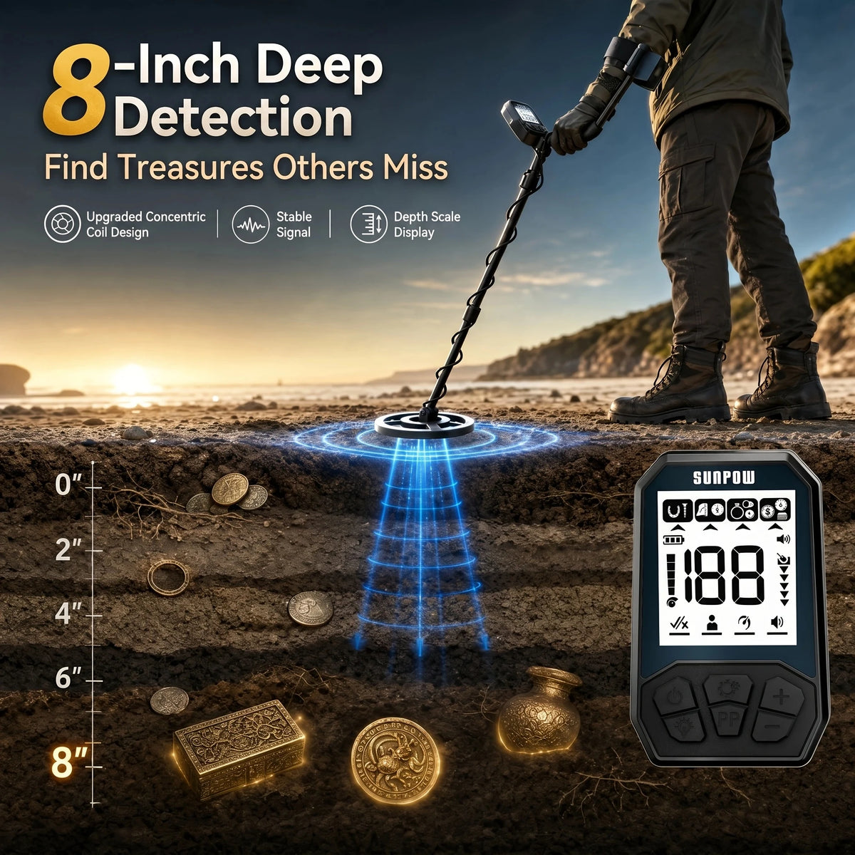 SUNPOW Metal Professional Detector for Adults, 8" IP68 Waterproof Search Coil, Rechargeable 4 Detection Modes 20H Runtime, High Accuracy Lightweight LCD with Pinpoint & Notch, Gold Detector for Beach Outdoor Treasure Hunting