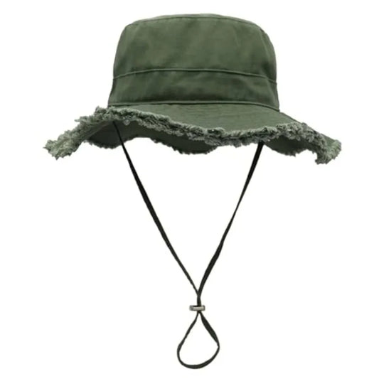 Womens UPF50+ Cotton Wide Brim Sun Hat with Strap Ladies Summer Floppy Hats Packable Women Washed Fringes Bucket Hat
