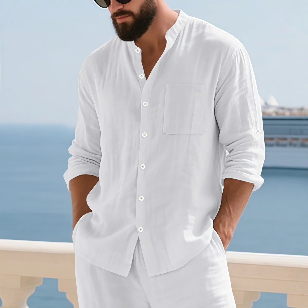 Men Linen Button Down Mandarin Collar Long Sleeve Shirt