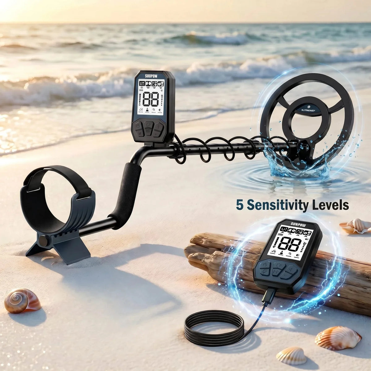 SUNPOW Metal Professional Detector for Adults, 8" IP68 Waterproof Search Coil, Rechargeable 4 Detection Modes 20H Runtime, High Accuracy Lightweight LCD with Pinpoint & Notch, Gold Detector for Beach Outdoor Treasure Hunting