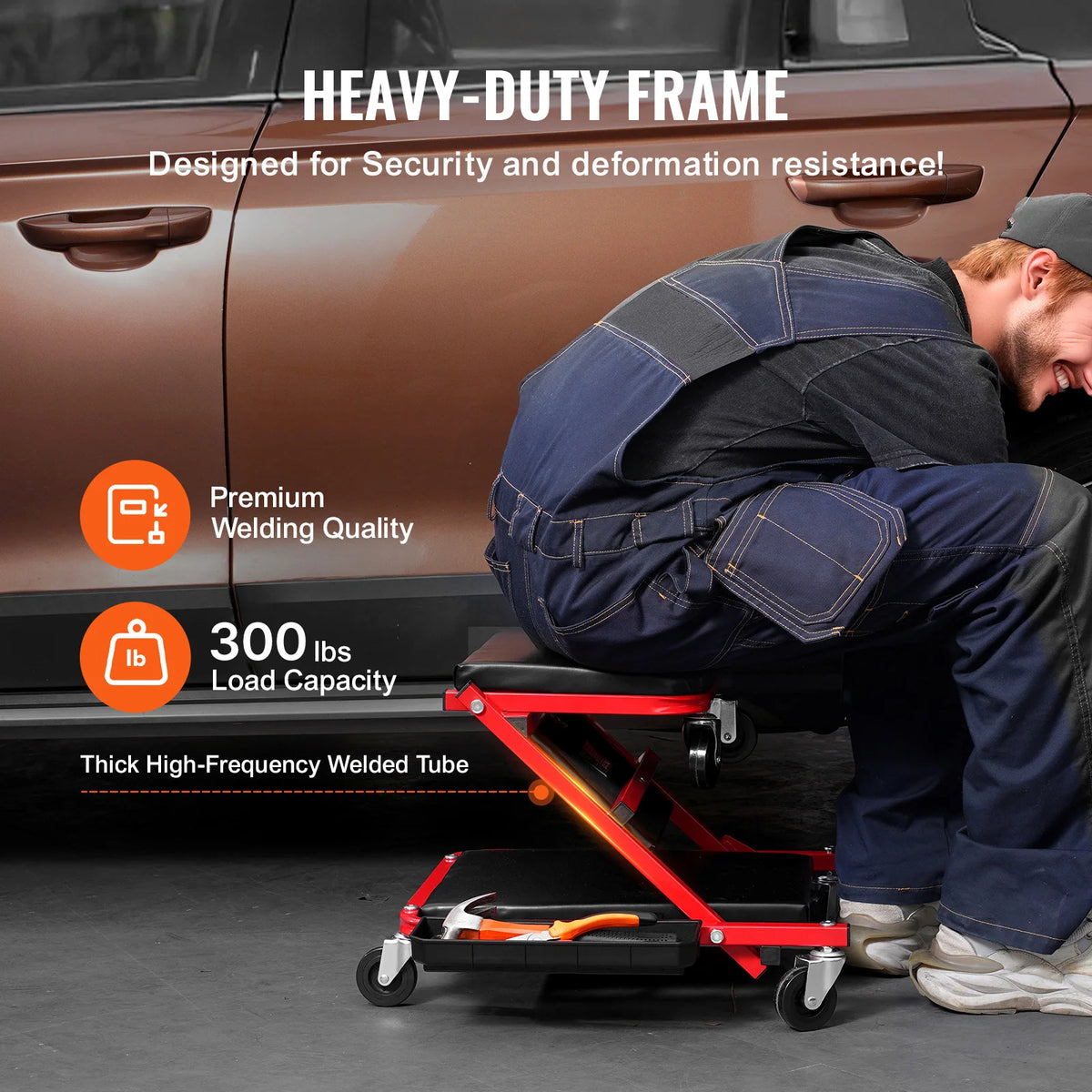 VEVOR Foldable Rolling Mechanic Creeper Stool Padded Seat Tool Tray