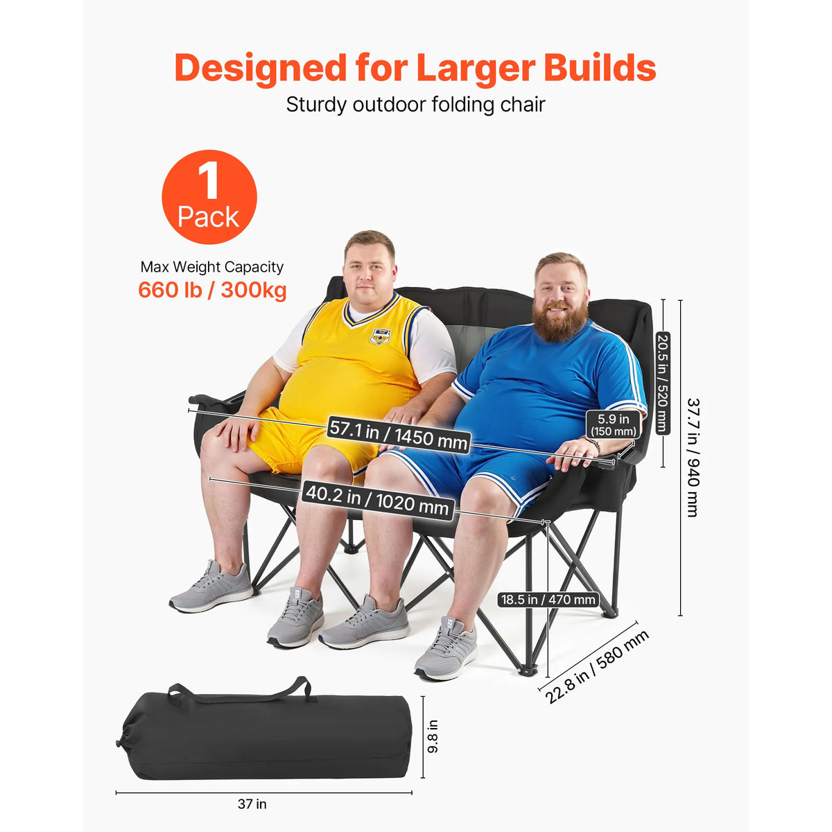 SucceBuy Double Camping Chair 660 lbs Support with Dual Cup Holders Wine Glass Holders Magazine Straps Carry Bags for Outdoor