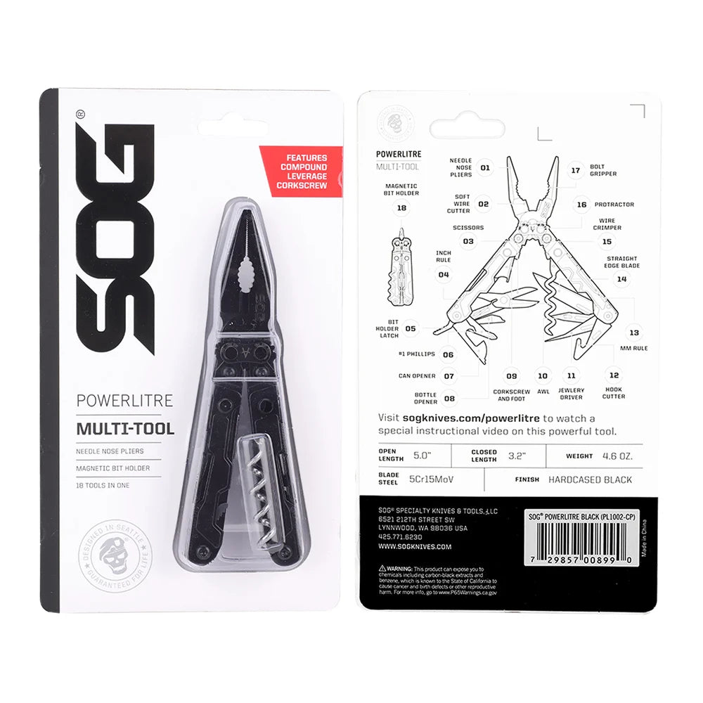 SOG 19 in 1 PowerLitre Mini Multi-tool Pliers 5 Inch Stainless Steel Folding EDC Pocket Knife With Wine Corkscrew Screwdriver Wire Cutter Scissors Can Bottle Opener For Camping Car Travel Survival Daily Carry, Portable Outdoo