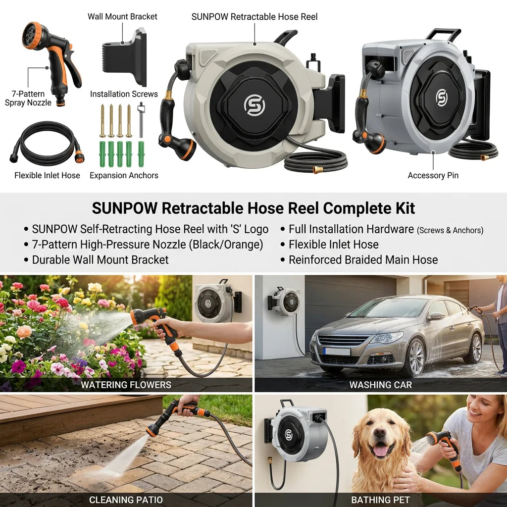 SUNPOW Retractable Garden Hose Reel - 5/8in x 65ft Heavy Duty Wall Mounted Hose Reel with 3/4in Brass Fitting & 10 Function Nozzle - Any Length Lock, Auto Rewind System, 180°Swivel Bracket - Gray