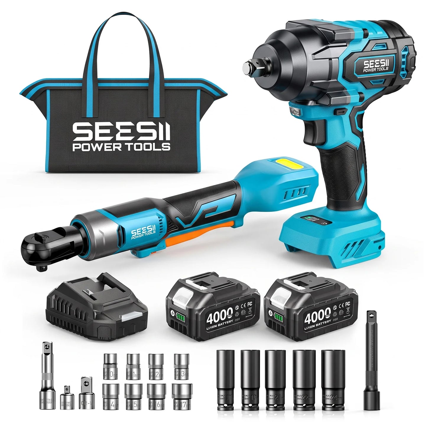 Seesii 3/8" Ratchet Wrench & 1000N.m Impact Wrench Kit Extended Cordless Electric Brushless Torque Impact Gun with 21v 4.0Ah Battery