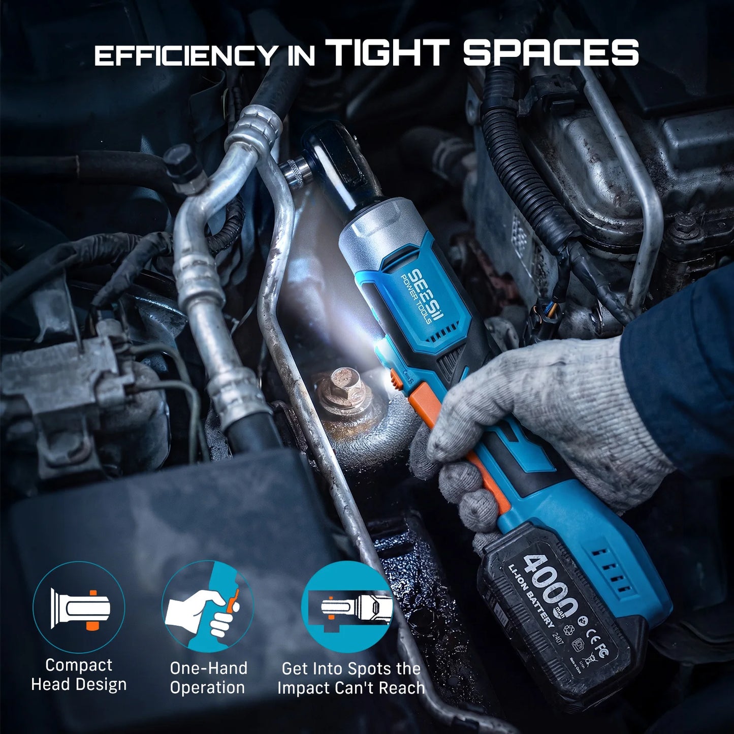 Seesii 3/8" Ratchet Wrench & 1000N.m Impact Wrench Kit Extended Cordless Electric Brushless Torque Impact Gun with 21v 4.0Ah Battery