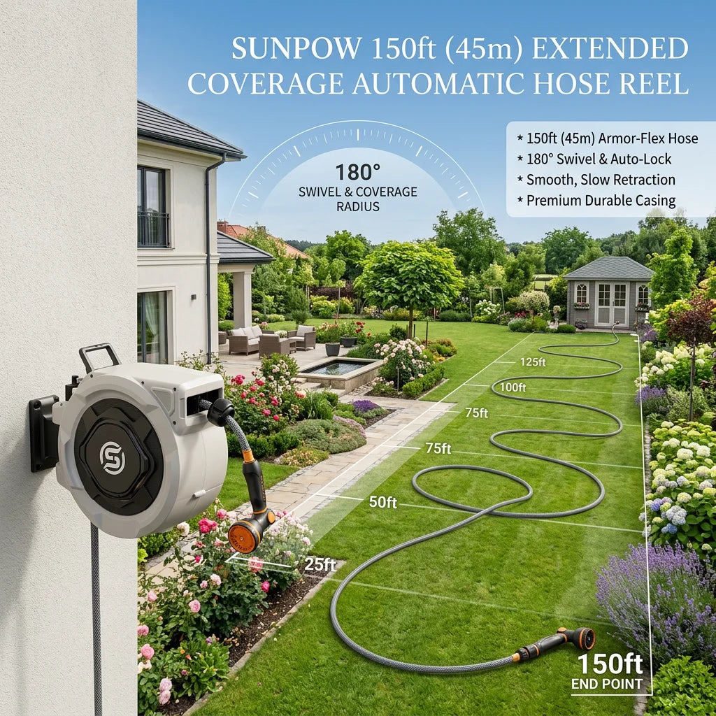 SUNPOW Retractable Garden Hose Reel - 5/8in x 65ft Heavy Duty Wall Mounted Hose Reel with 3/4in Brass Fitting & 10 Function Nozzle - Any Length Lock, Auto Rewind System, 180°Swivel Bracket - Gray