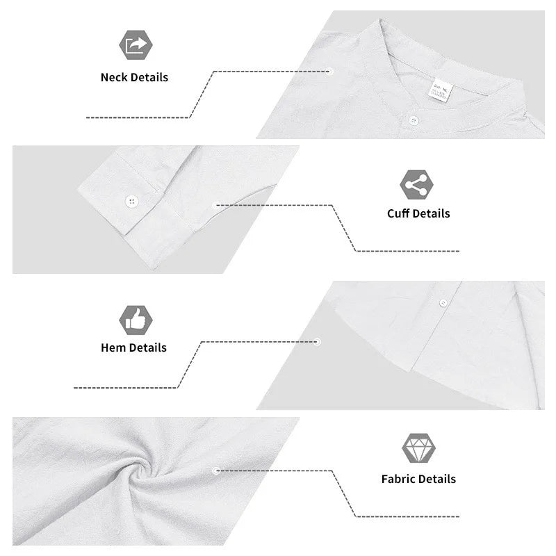 Men Linen Button Down Mandarin Collar Long Sleeve Shirt