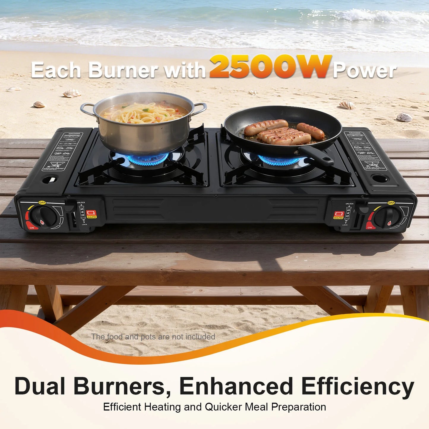 2 Burners Portable Camping Stove Aluminum Iron Plastic Spray Non-stick Coating Heat Rust Resistant Dual Gas Barbecue Cooker 2500W Single Independent Knob Adjustable Fire Outdoor Tabletop Gas Grill For Camping Picnic RV