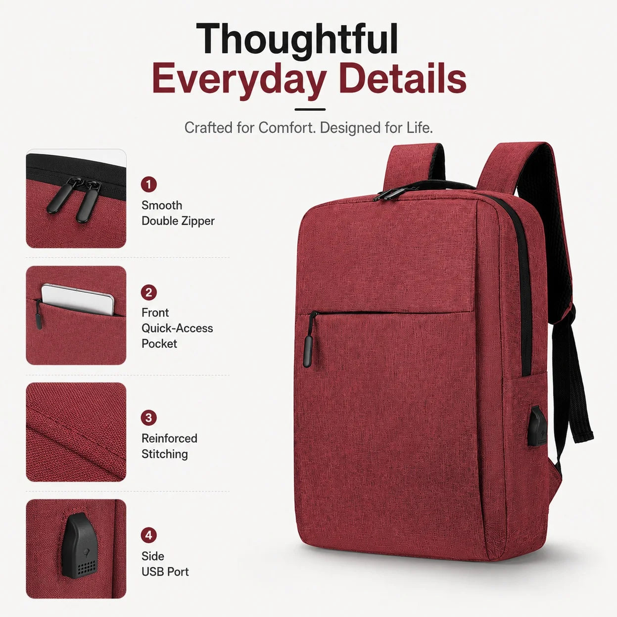 1pc Business Laptop Backpack With USB Charging Port, Water-Resistant Durable Canvas Travel Bookbag, 15.7x11.8in Large Slim Commuter Backpack For Men Women