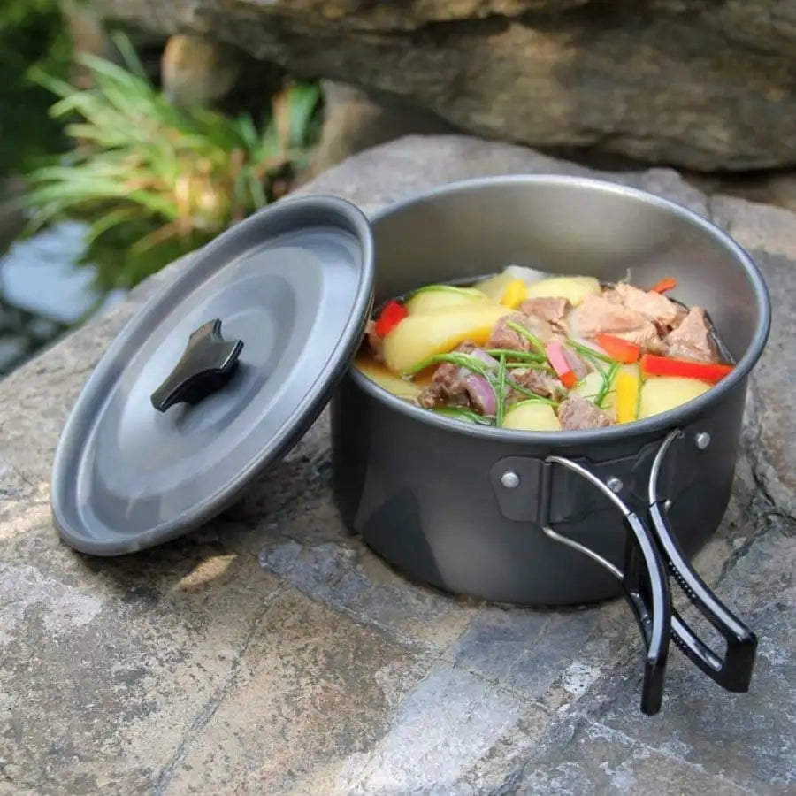 14PCS Camping Cookware Set, Non-Stick Outdoor Cooking Kit With Frying Pan, Pot With Lid, Kettle, 2 Stainless Steel Plates, 2 Folding Cups, 2 Knives Fork Spoons, Perfect For Camping, Hiking, Backpacking & Picnic
