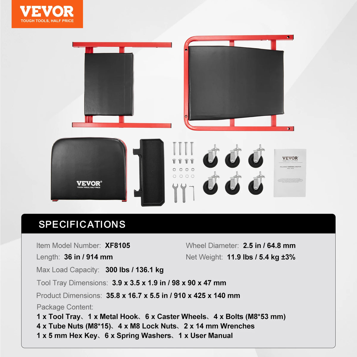 VEVOR Foldable Rolling Mechanic Creeper Stool Padded Seat Tool Tray