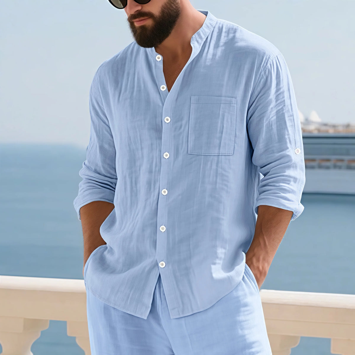 Men Linen Button Down Mandarin Collar Long Sleeve Shirt